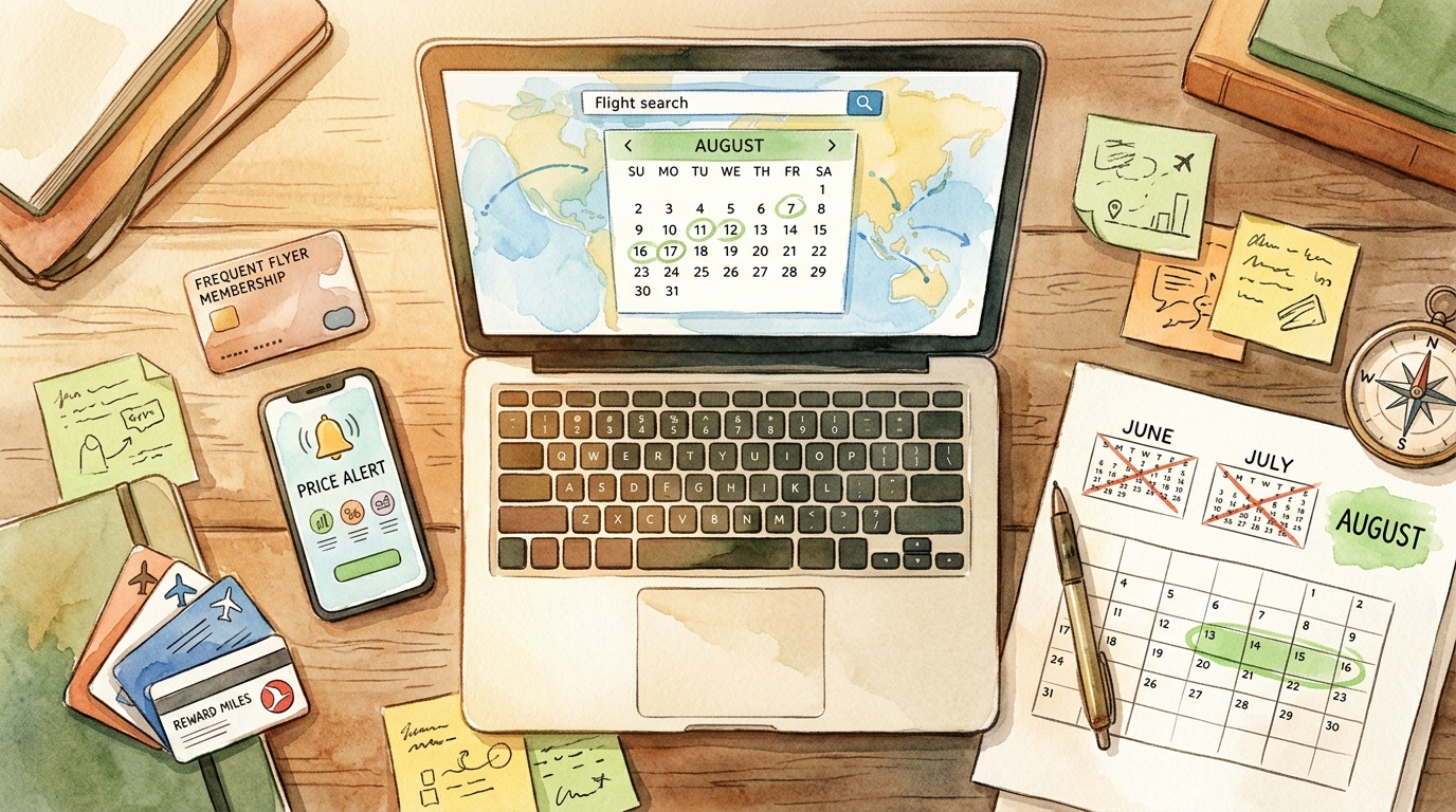 Aquarell-Illustration einer Reiseplanungs-Kommandozentrale auf einem Holztisch von oben: ein Laptop mit geöffneter Flugsuchmaschine und Kalender