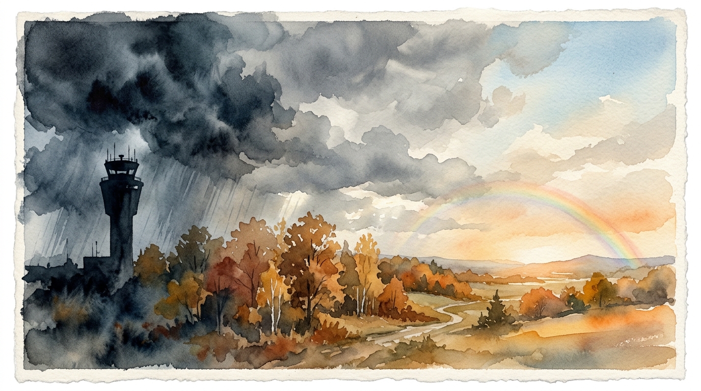Aquarell-Illustration einer dramatischen Wetterlandschaft, von links nach rechts in drei Zonen geteilt: links ein dunkler Sturm mit schwarzen Gewitterwolken