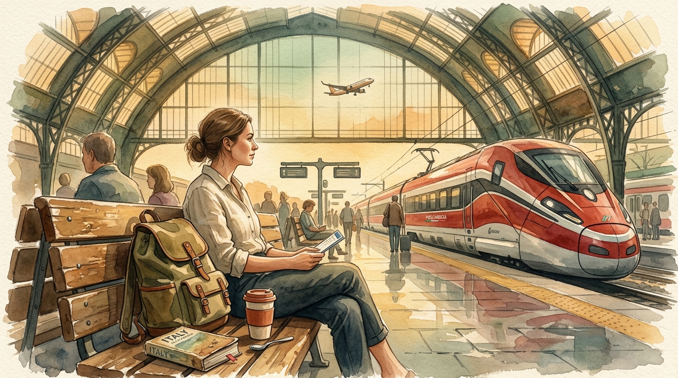 Aquarell-Illustration eines europäischen Bahnsteigs in goldenem Spätsommerlicht, mit einem schlanken Hochgeschwindigkeitszug im Frecciarossa-Stil
