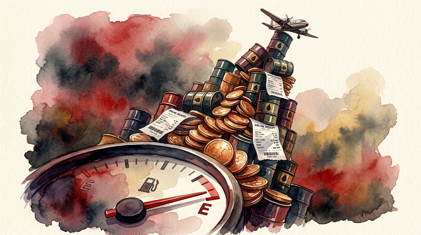 Watercolor illustration of a tiny model airplane perched on top of a towering, precarious mountain of oil barrels, gold coins, and crumpled airline, representing why are flights so expensive right now 2026