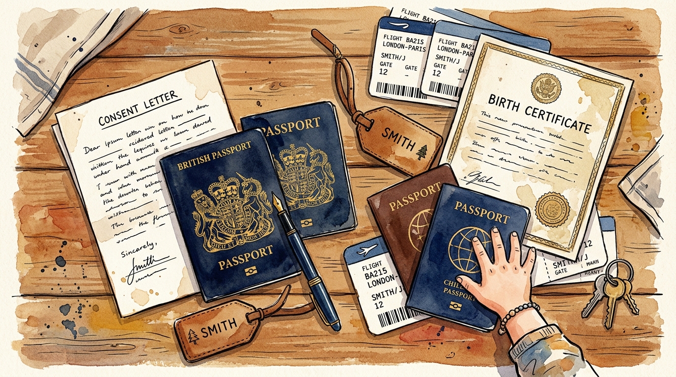 Family travel documents including passports and consent letters laid out on a kitchen table