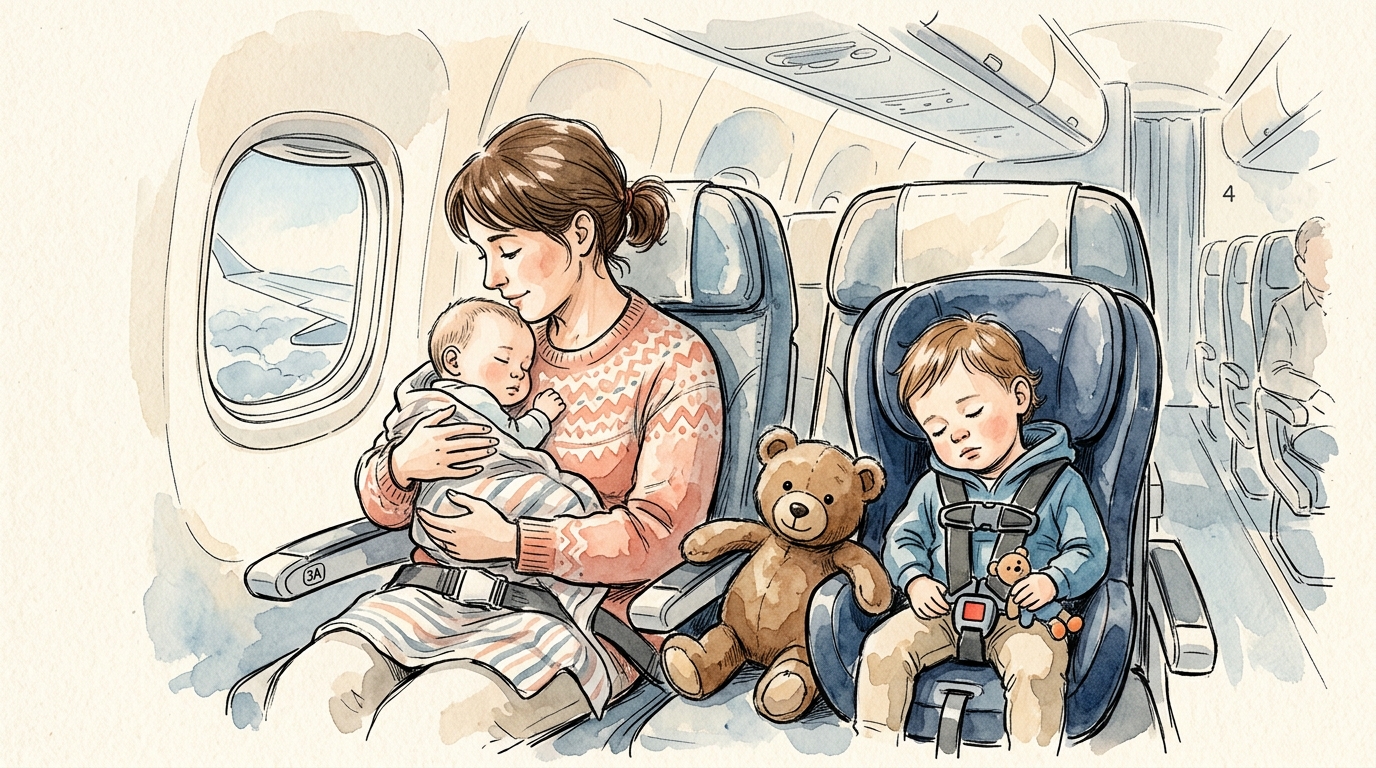 Parent holding sleeping baby on airplane with toddler in car seat in adjacent window seat