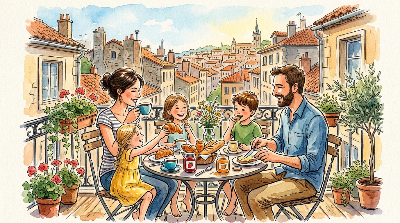 Family of four enjoying breakfast on a European apartment balcony with terracotta rooftops