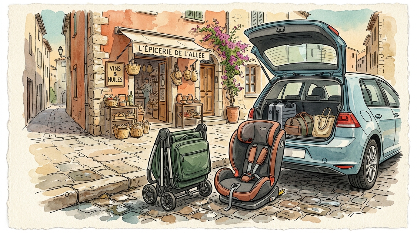 Travel stroller and child car seat on a cobblestone European street near a rental car