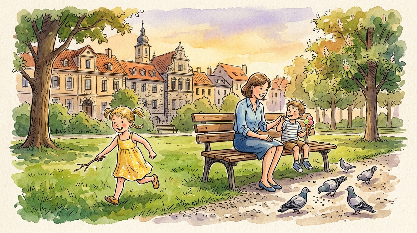 Family relaxing in a European park with children eating gelato and playing on the grass