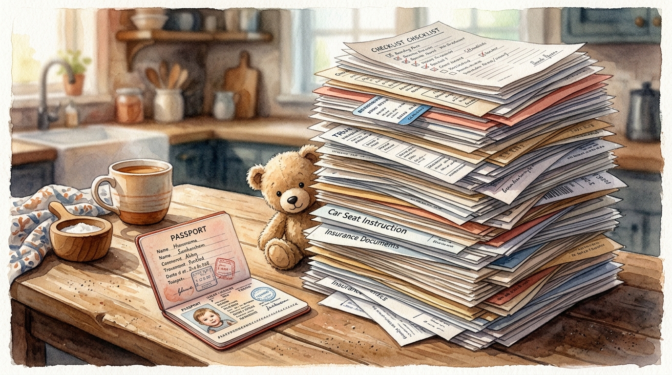 Watercolor illustration of a tiny child-sized passport dwarfed by an enormous stack of travel documents, boarding passes, vaccination records, and checklists with a stuffed animal peeking out, representing first international trip with kids