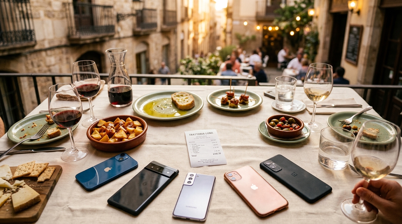 Restaurant table with a bill receipt surrounded by phones and wine glasses, representing the moment group trip expenses need splitting