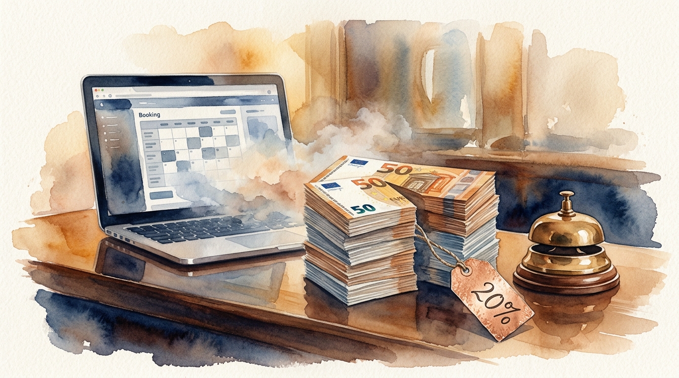 Watercolor illustration of a symbolic still life on a polished hotel reception desk: a tall stack of euro banknotes with a large slice visibly remo