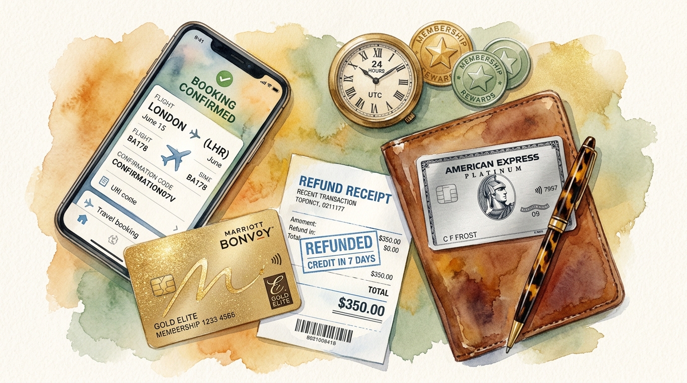Watercolor illustration of watercolor overhead flat-lay showing a neatly arranged traveler's desk: an open airline app on a phone displaying a conf