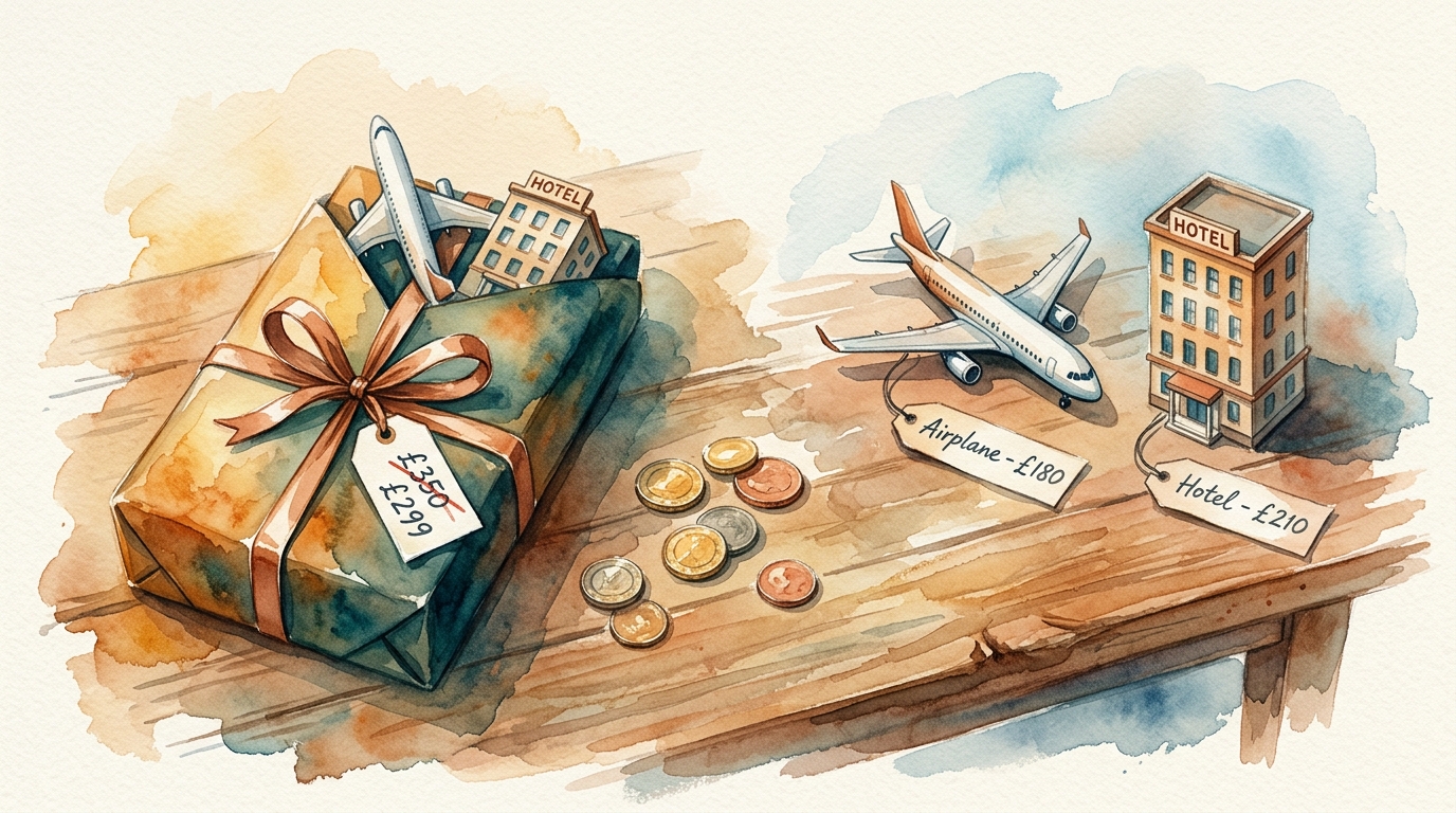 Watercolor illustration of two wrapped travel packages side by side on a warm wooden table