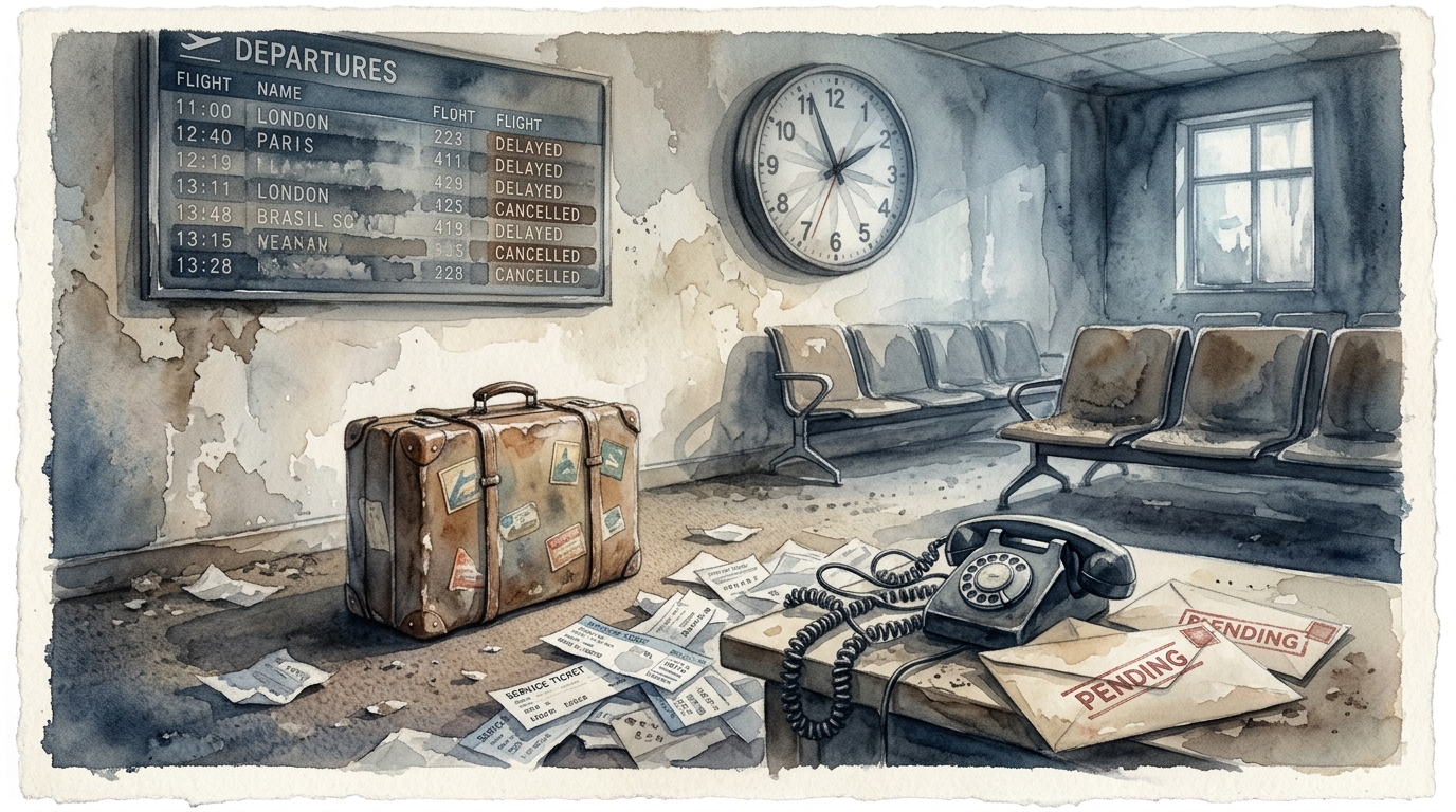 Watercolor illustration of an abandoned airport waiting area scene: a single worn suitcase sitting alone beneath a departures board, surrounded by 
