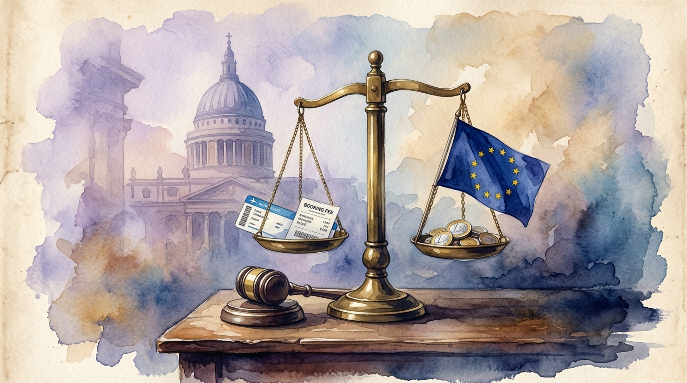 Watercolor illustration of a symbolic European justice scene: a brass balance scale on an old mahogany desk, one side holding a miniature airplane 