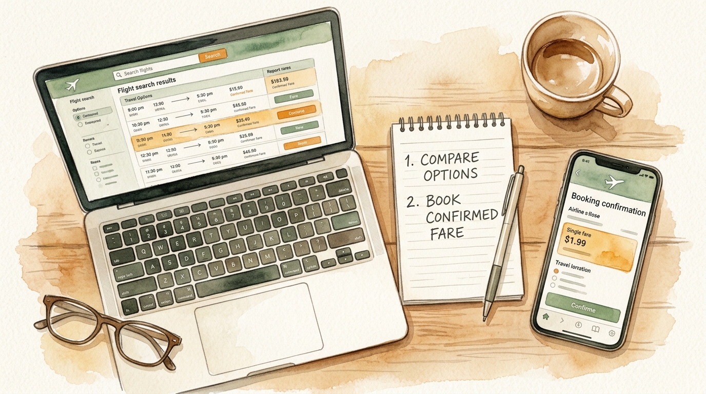 Watercolor illustration of a smart booking workflow: an open laptop showing a flight search results page with multiple fare rows, sitting next to a