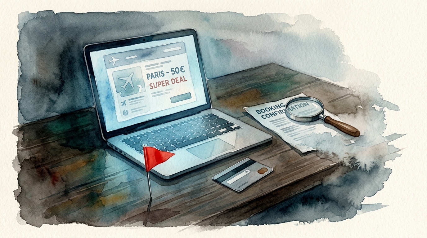 Watercolor illustration of a suspicious travel booking scene: a laptop screen displaying a too-good-to-be-true flight deal, with the screen's glow 