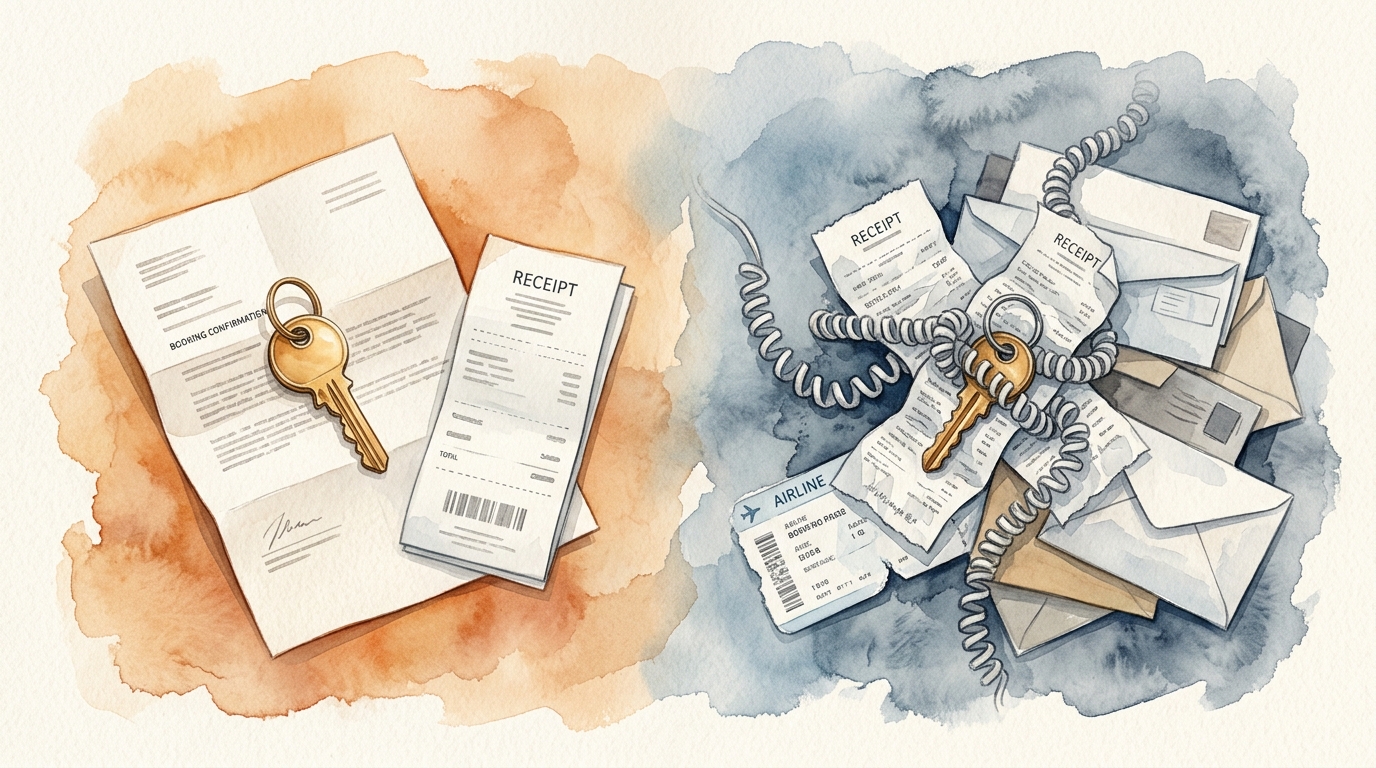 Watercolor illustration of a dramatic side-by-side scene: on the left, a gleaming golden hotel key resting on a crisp booking confirmation letter w, representing book direct or through third party booking site