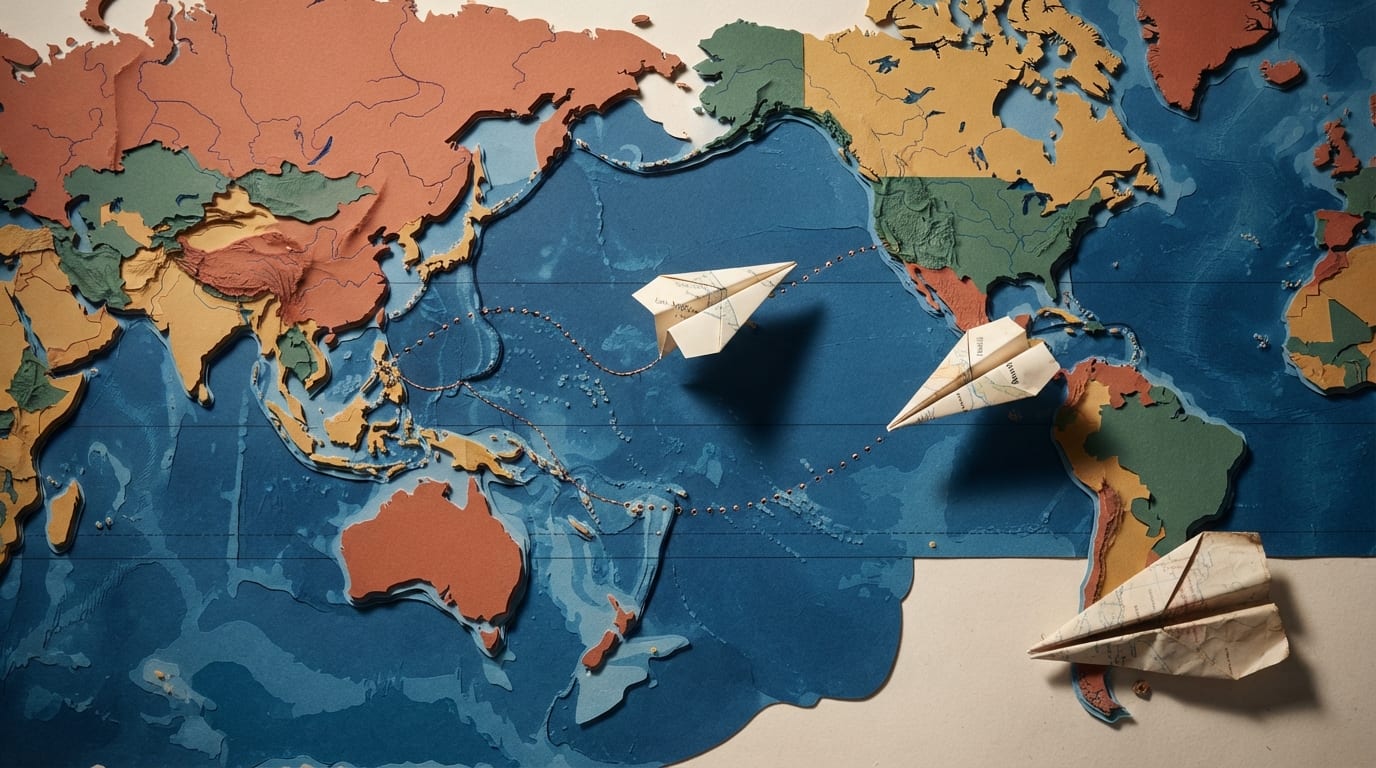 A paper plane tracing Delta's new nonstop LAX to Manila route across a wall map