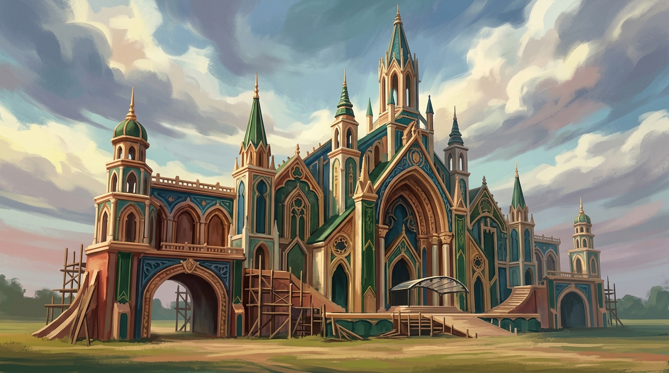 Editorial illustration of A grand ornate generic festival mainstage rising freshly rebuilt against a dramatic cloud-streaked sky, its carved arche