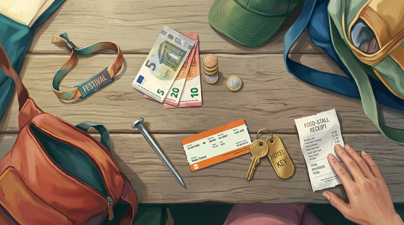 Editorial illustration of Overhead flat-lay documentary of the true cost of a festival weekend laid out on a weathered oak table: a fabric festiva
