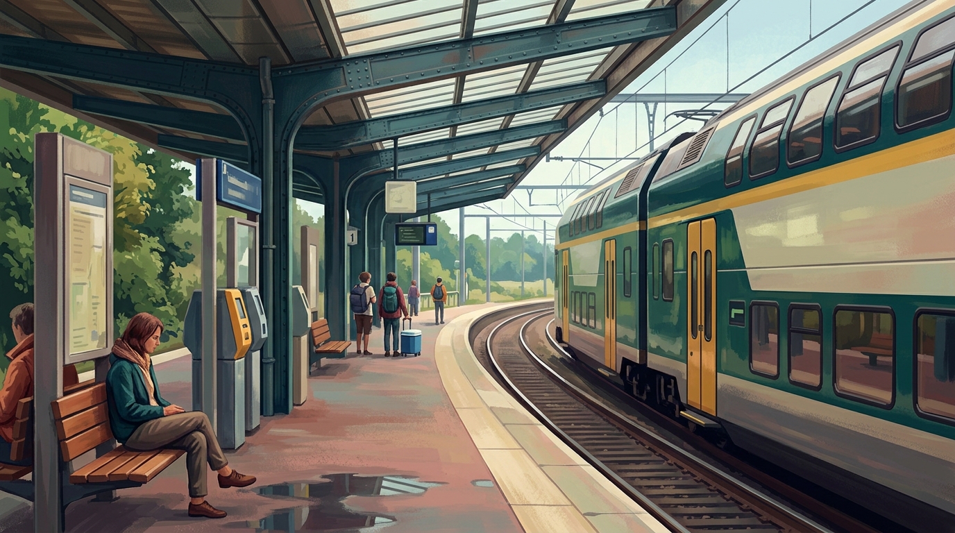 Editorial illustration of An atmospheric Belgian regional train station platform on a festival day: a sleek modern double-decker train waiting alo