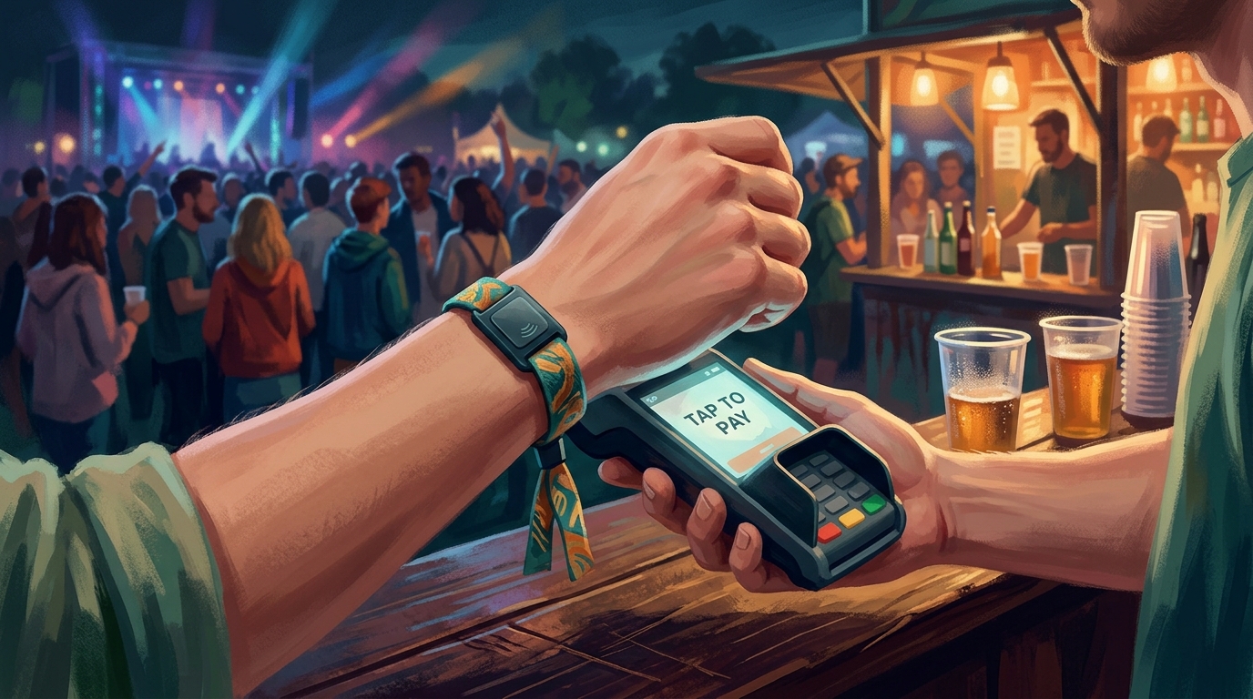Editorial illustration of Close cropped scene of a single wrist wearing a woven cashless festival wristband with an embedded RFID chip, tapping ag