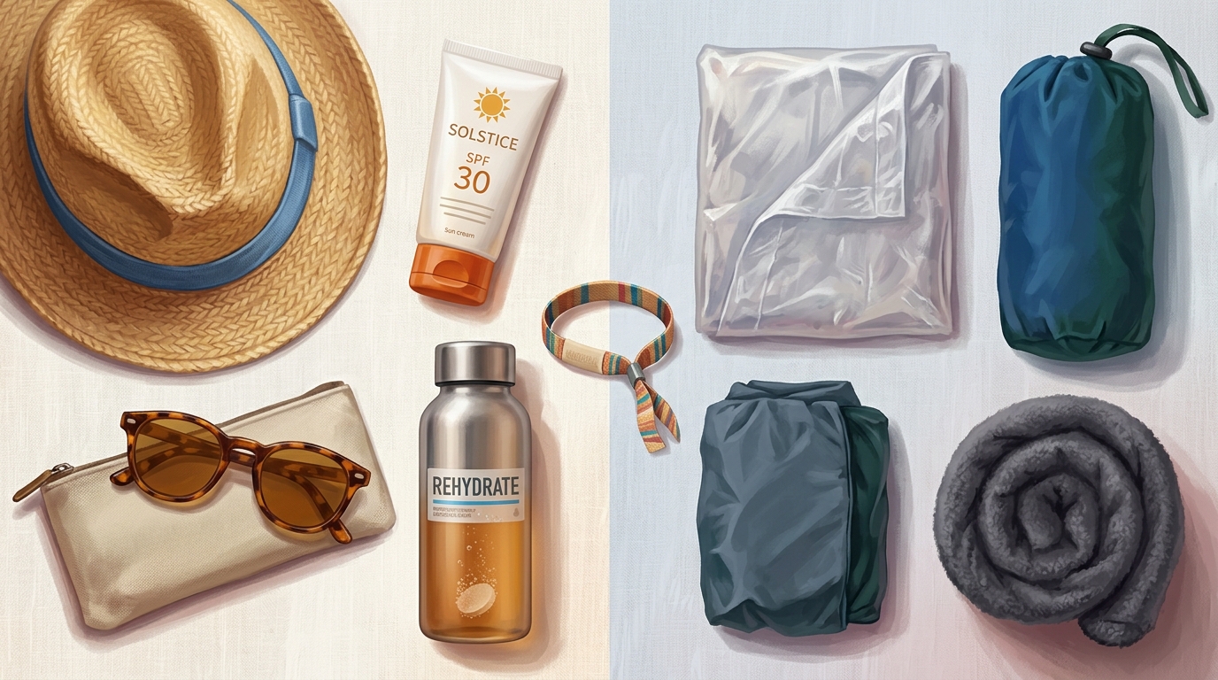 Editorial illustration of Overhead flat-lay documentary split cleanly down the middle on a linen surface, contrasting two weathers for one festiva