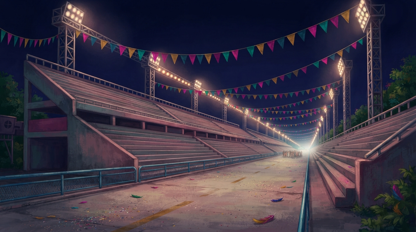 Editorial illustration of The concrete tiered grandstands of Rio's Sambadrome curve along a floodlit avenue deep into the night, tall lighting rig