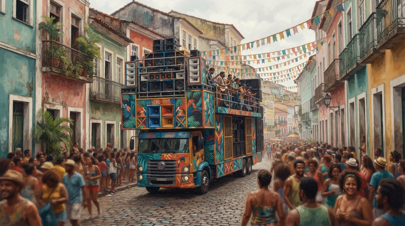 Editorial illustration of A towering trio eletrico sound truck, stacked with scaffolded amplifier walls and painted in bold tropical patterns, rol