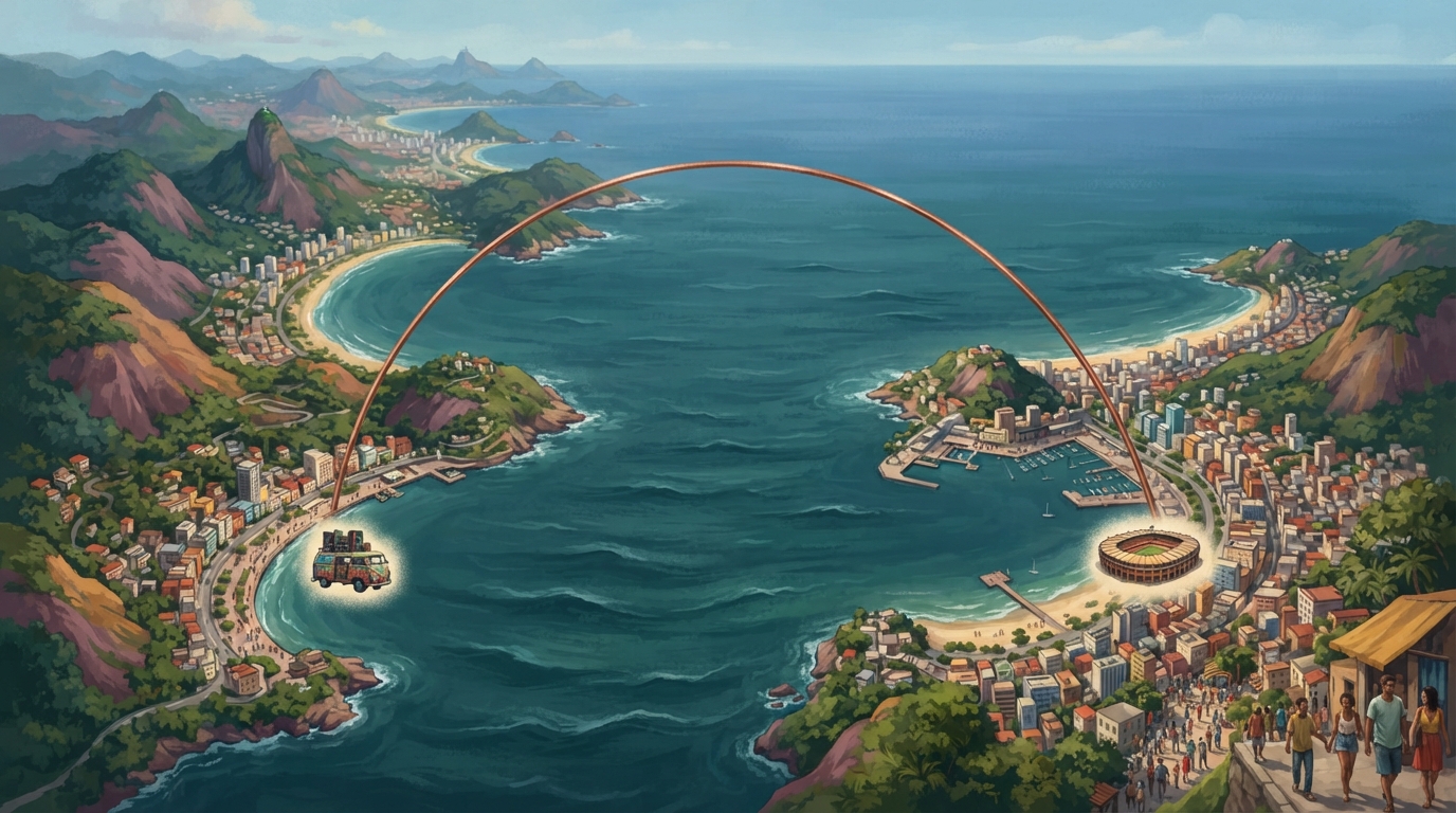 Editorial illustration of An illustrated coastal chart of Brazil's southeastern shoreline shows two painted coastal cities linked by a curved copp