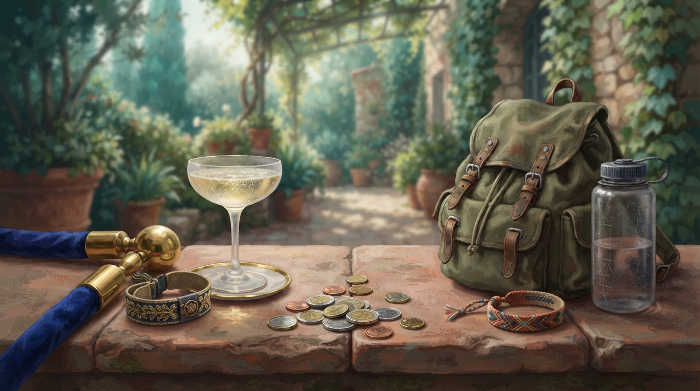 Editorial illustration of Two contrasting still-life clusters sit on a warm stone surface: on one side, a velvet rope stanchion end, a chilled cha
