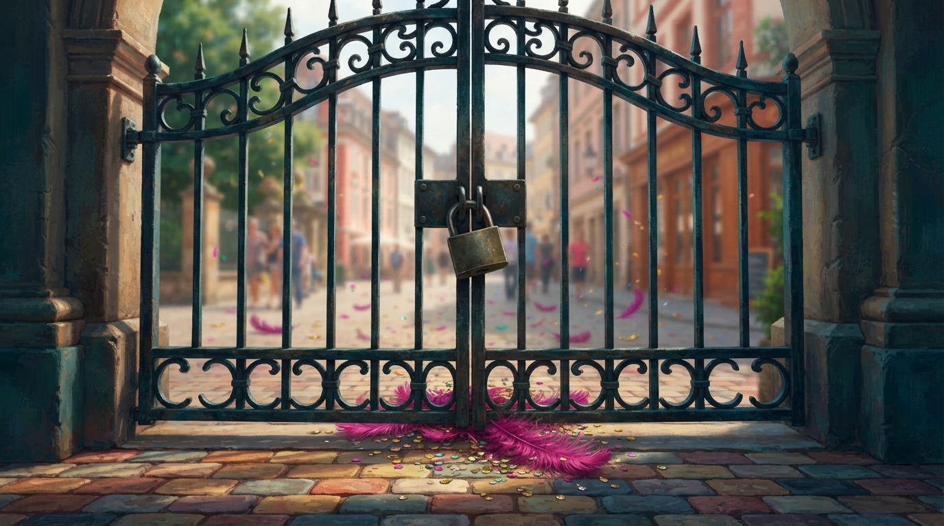 Editorial illustration of A massive ornate wrought-iron gate towers shut, sealed with a heavy brass padlock, its bars catching the last spill of v, representing Rio vs Salvador Carnival 2027