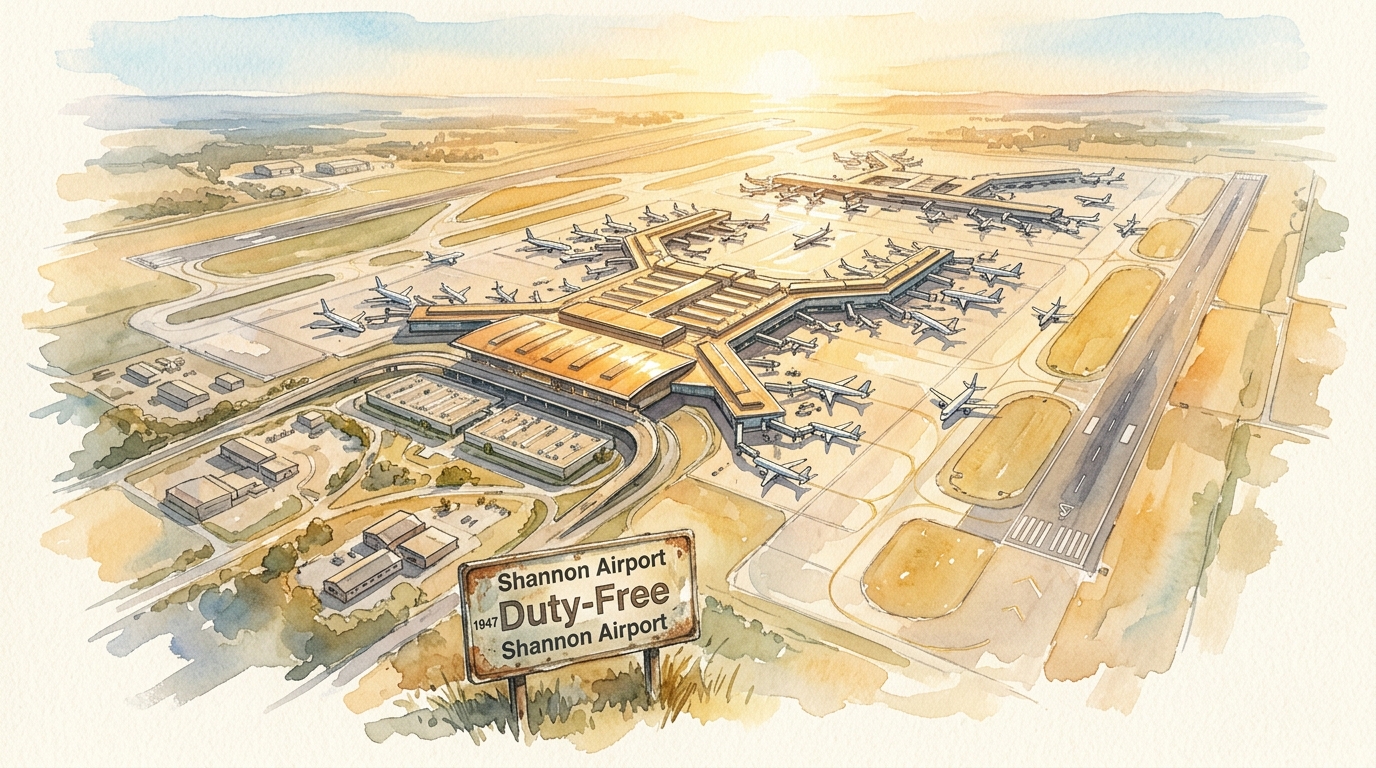 Watercolor illustration of a bird's-eye view of a sprawling airport terminal complex at golden hour, with the terminal buildings arranged to resemb