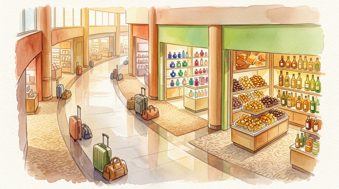 Watercolor illustration of a sweeping curved airport corridor viewed from above at a dramatic angle, showing the gentle leftward curve of the walkw