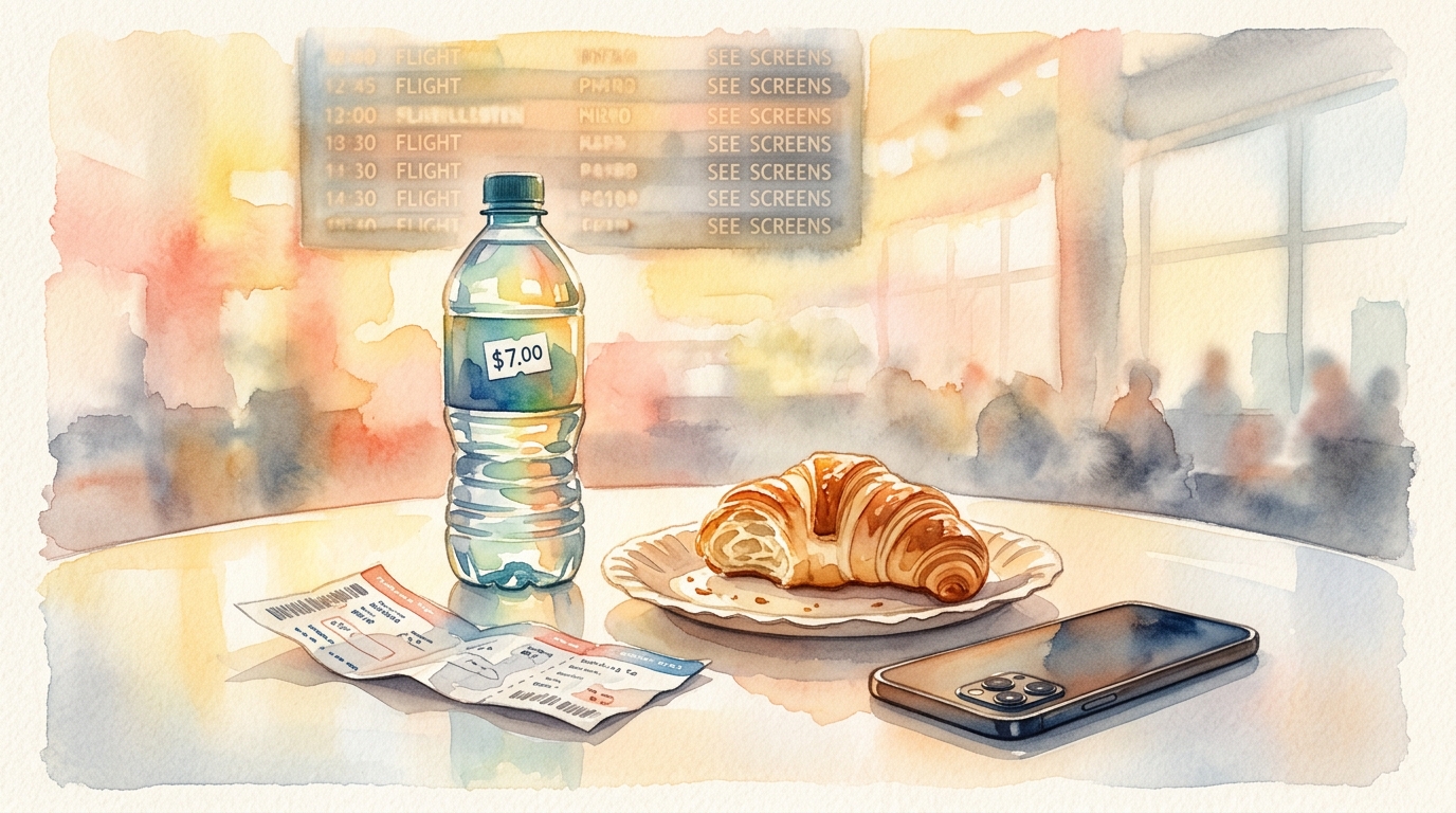 Watercolor illustration of a still life on a sleek airport gate-area table: an overpriced water bottle with a visible $7 price sticker, a half-eate