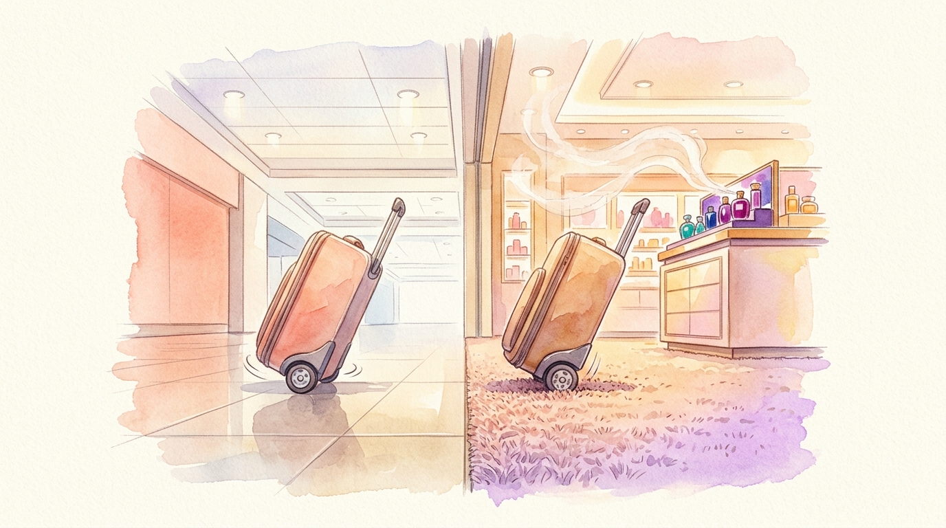 Watercolor illustration of a close-up cross-section view of an airport terminal floor, showing the deliberate transition from polished stone corrid