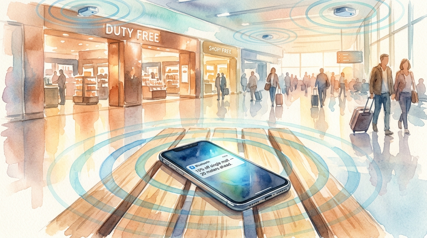 Watercolor illustration of an overhead view of a smartphone lying face-up on an airport terminal bench, its screen glowing with a push notification