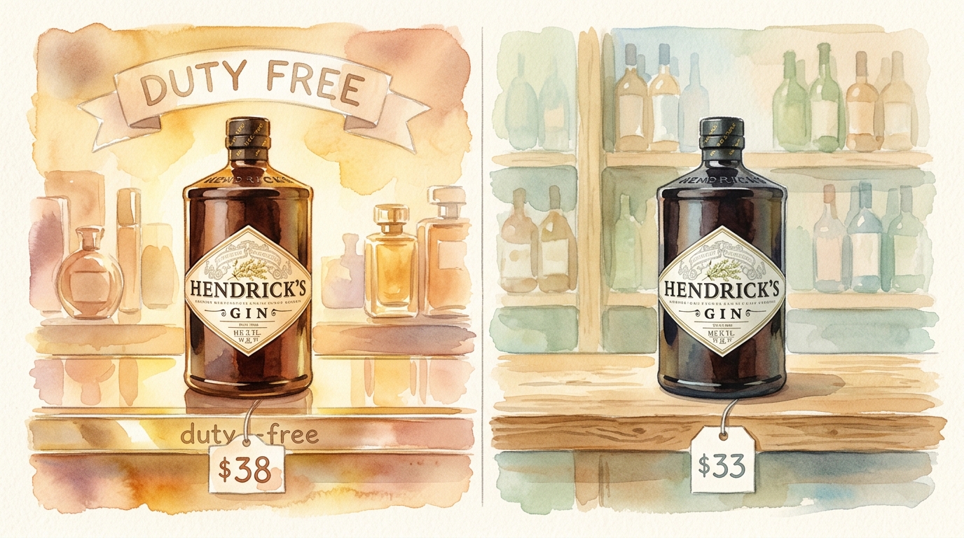 Watercolor illustration of a side-by-side still life: on the left, a bottle of Hendrick's gin on a gleaming duty-free display shelf with a $38 pric