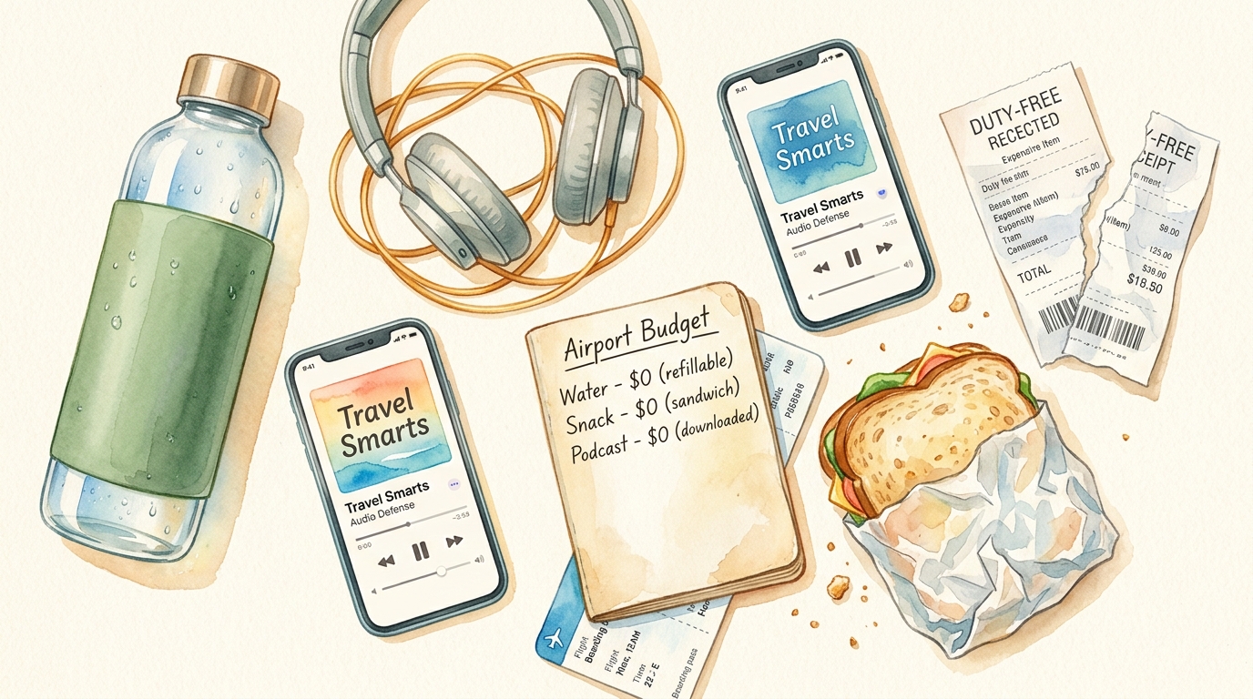 Watercolor illustration of editorial watercolor overhead flat-lay showing a traveler's defense kit arranged on a cream surface: a refillable water 