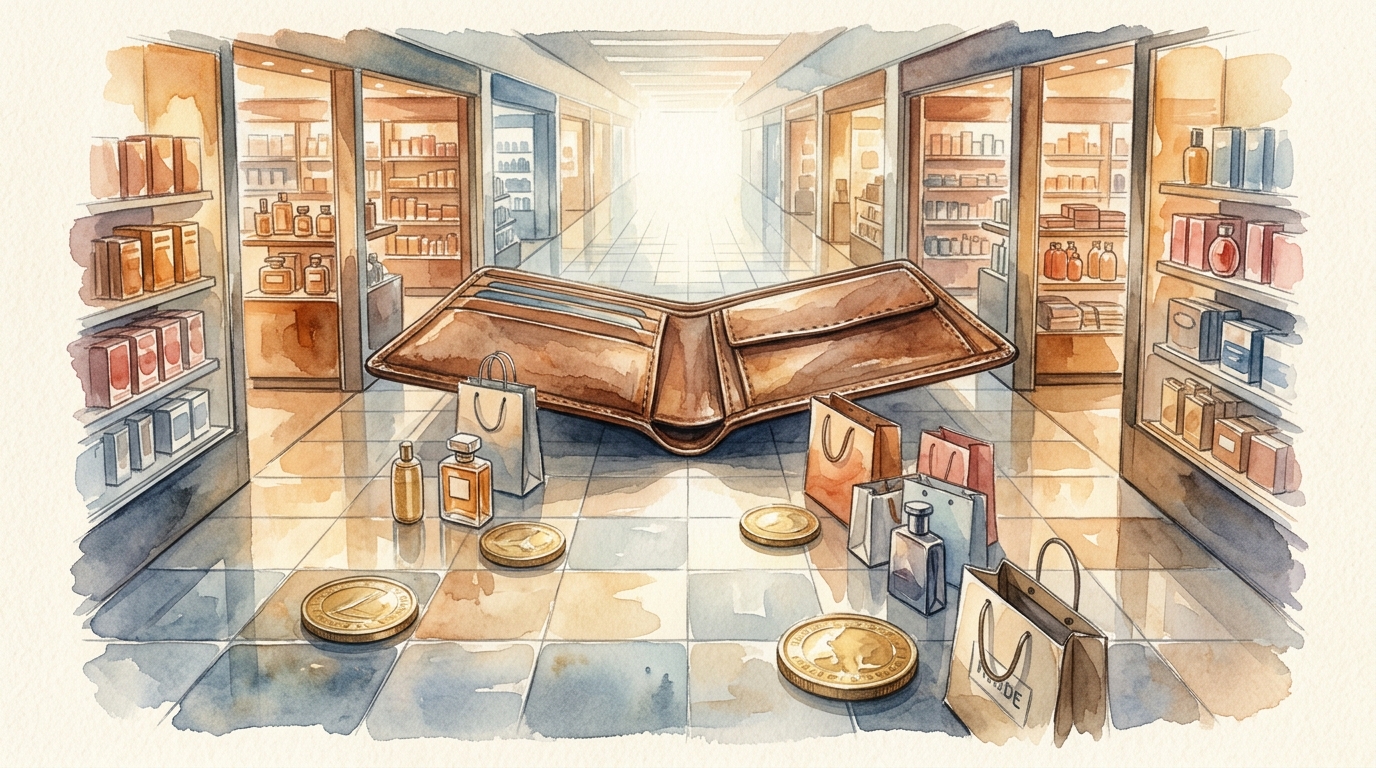 Watercolor illustration of a dramatic overhead view of a gleaming airport terminal corridor that subtly transforms into a giant open wallet — the p, representing how airports are designed to make you spend money