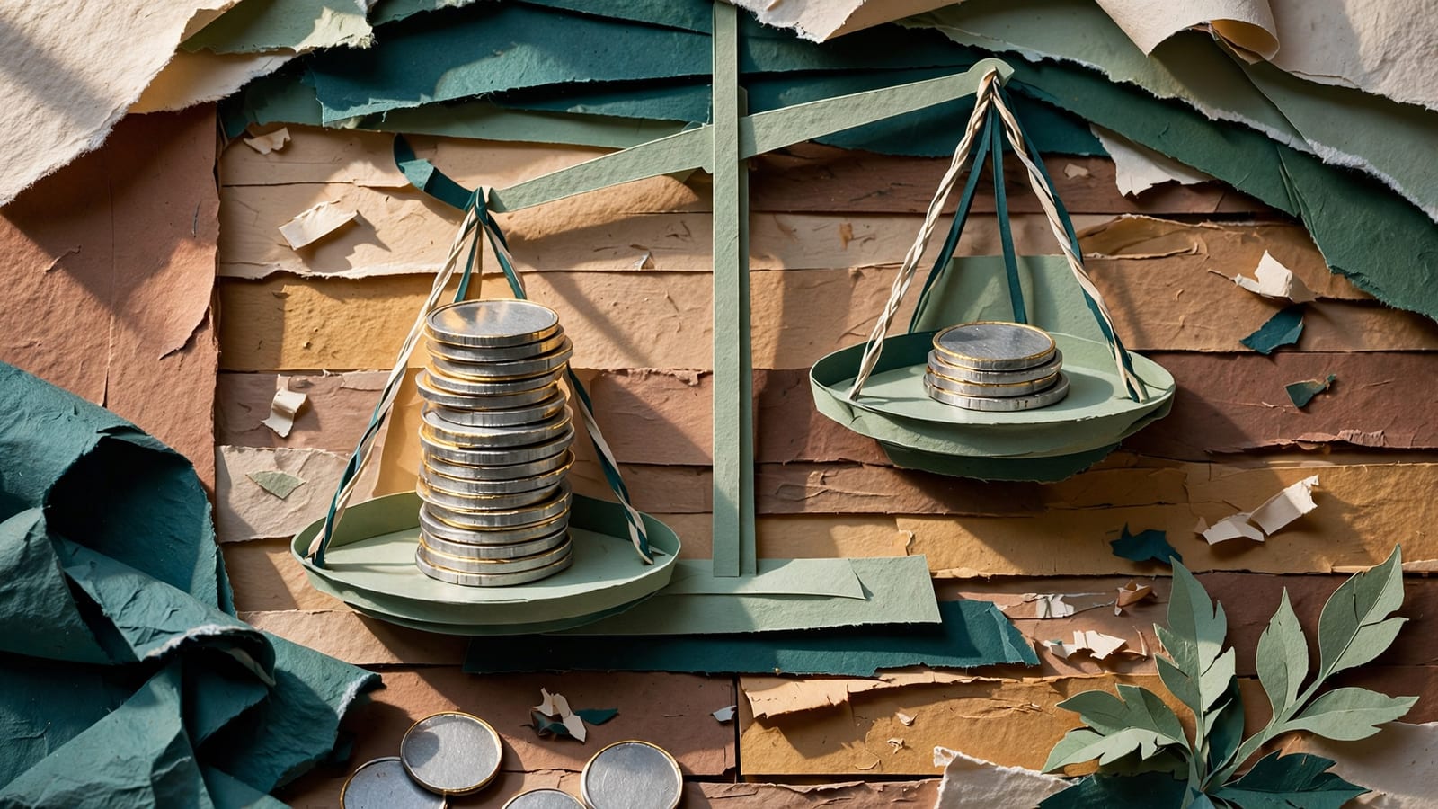 A tall stack of coins beside a shorter stack on a tipped balance scale