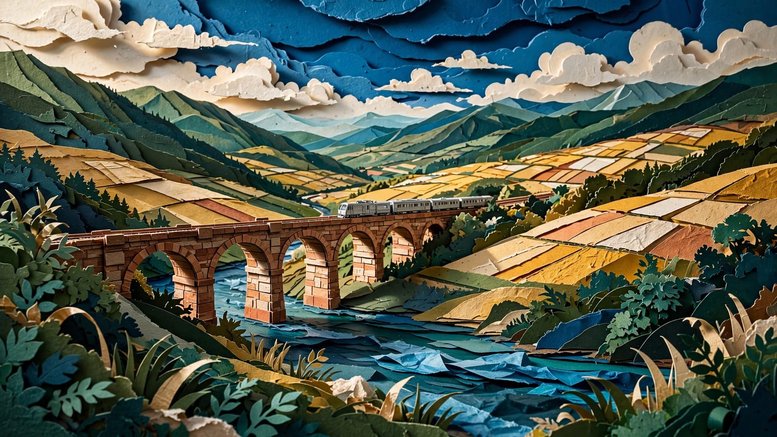 A train crossing a viaduct from alpine foothills into rolling green farmland