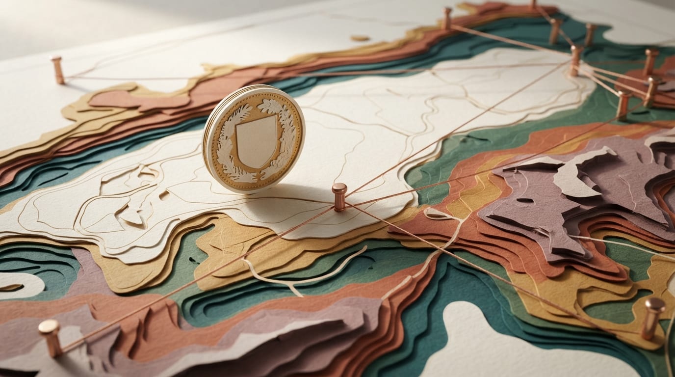 A Swiss franc coin on an unmarked map with copper thread stretching to distant pins