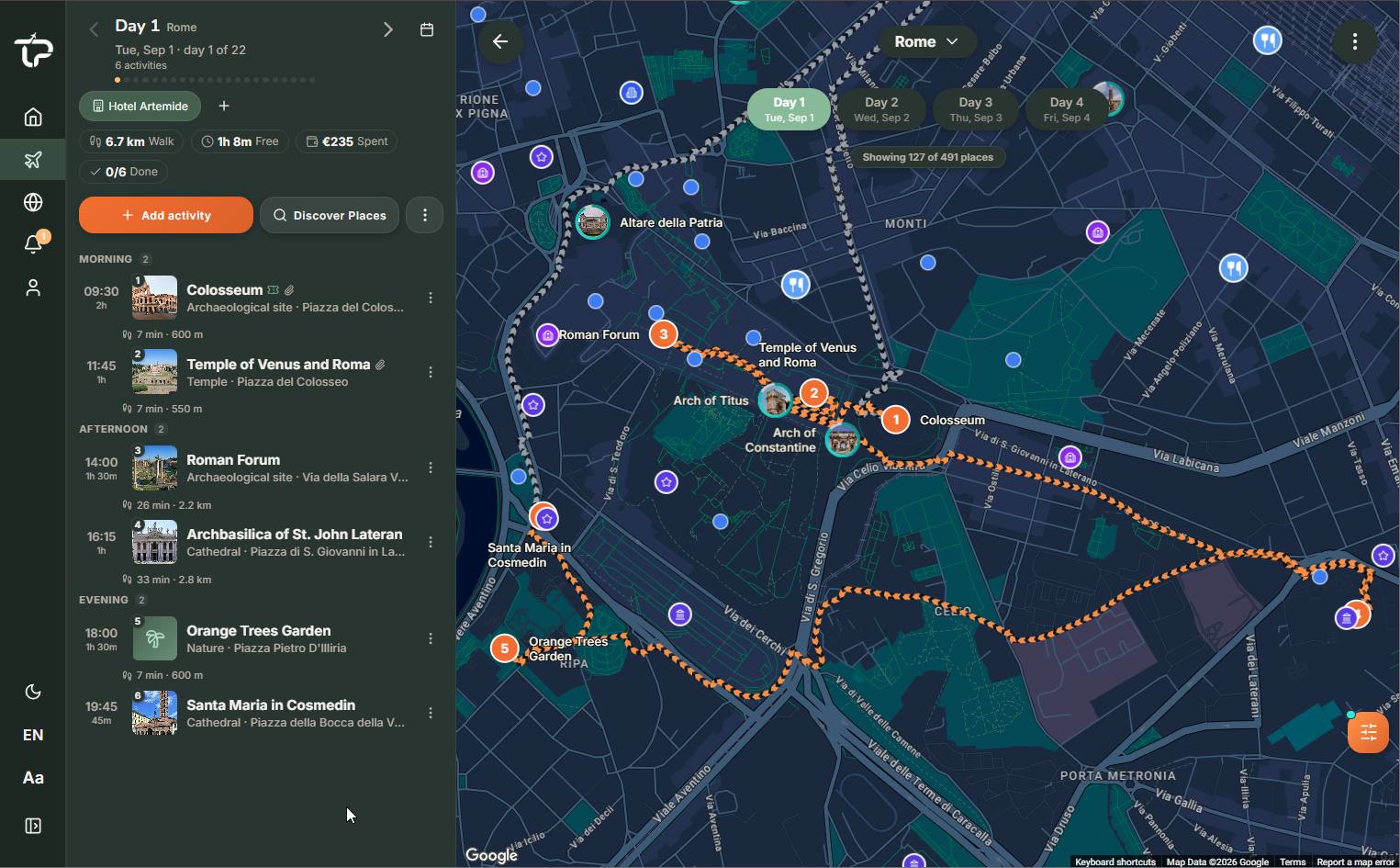 The TripProf itinerary on desktop — day list beside the live route map