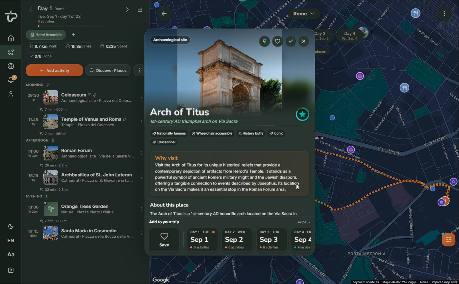 A place’s details — why visit, tags, and add-to-day — on desktop